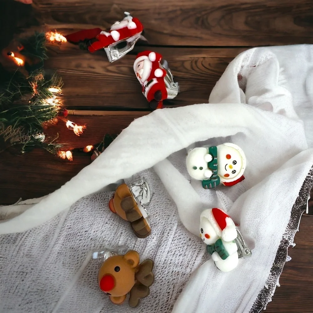 Set of 3 New Christmas Polymer Clay Clip-On Earrings - Santa, Reindeer, Snowman